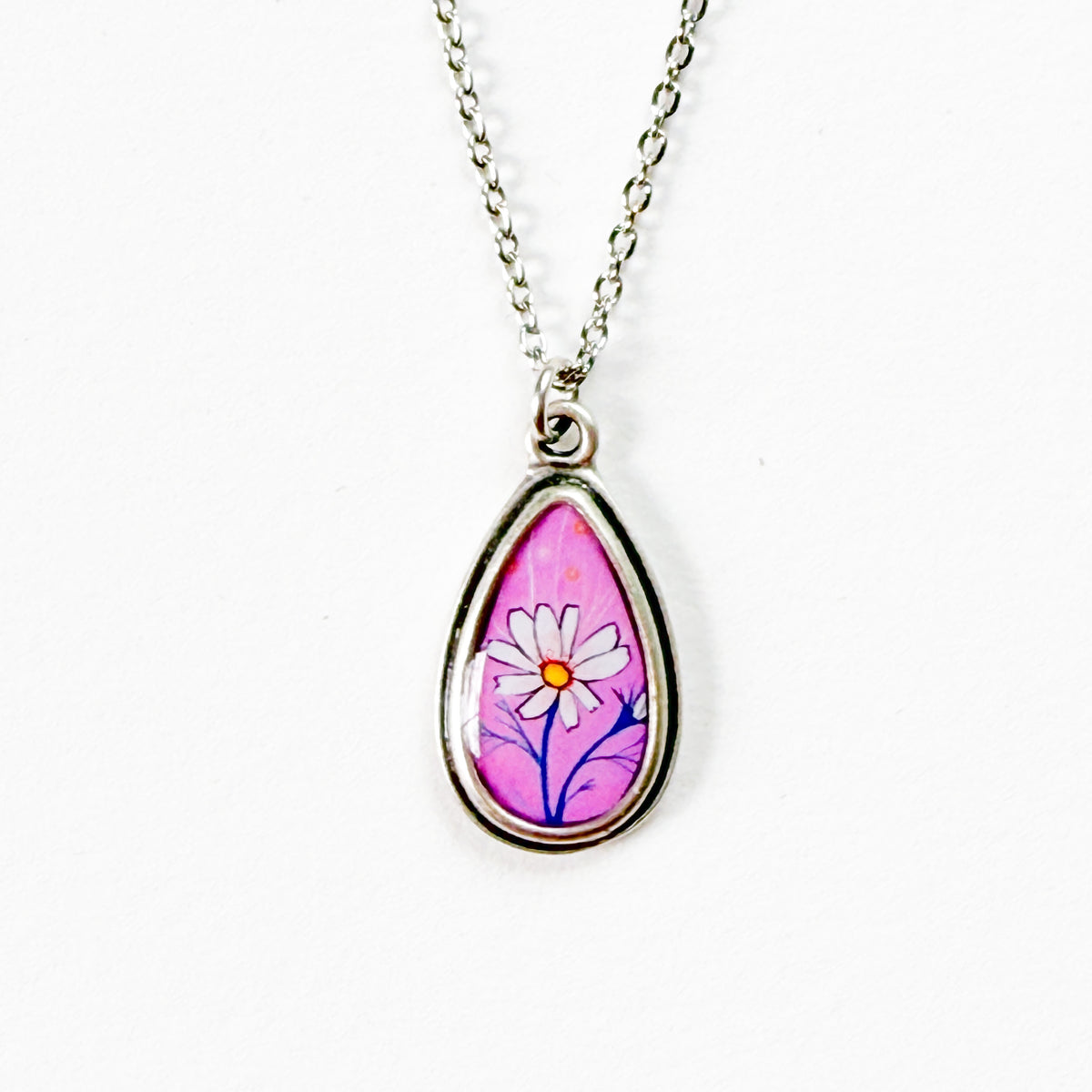 Pink Daisy Small Teardrop Silver Necklace