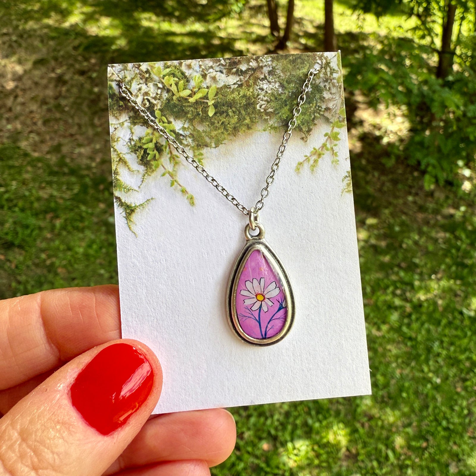 Pink Daisy Small Teardrop Silver Necklace