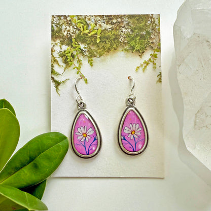 Pink Daisy Small Teardrop Earrings