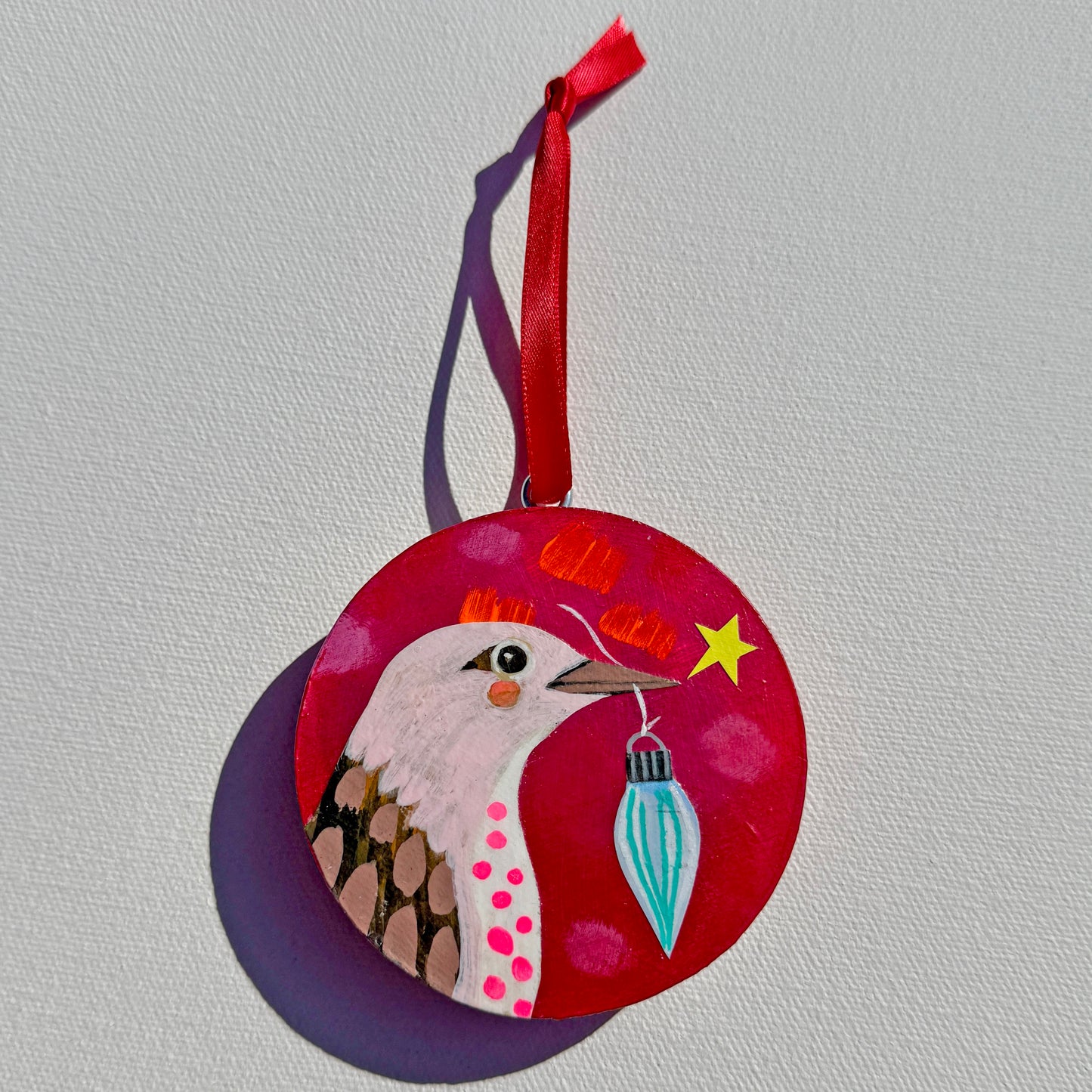 Ornament: Hand-Painted, Mixed Media - Pink Headed Brown Bird
