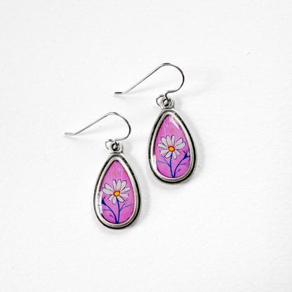 Pink Daisy Small Teardrop Earrings