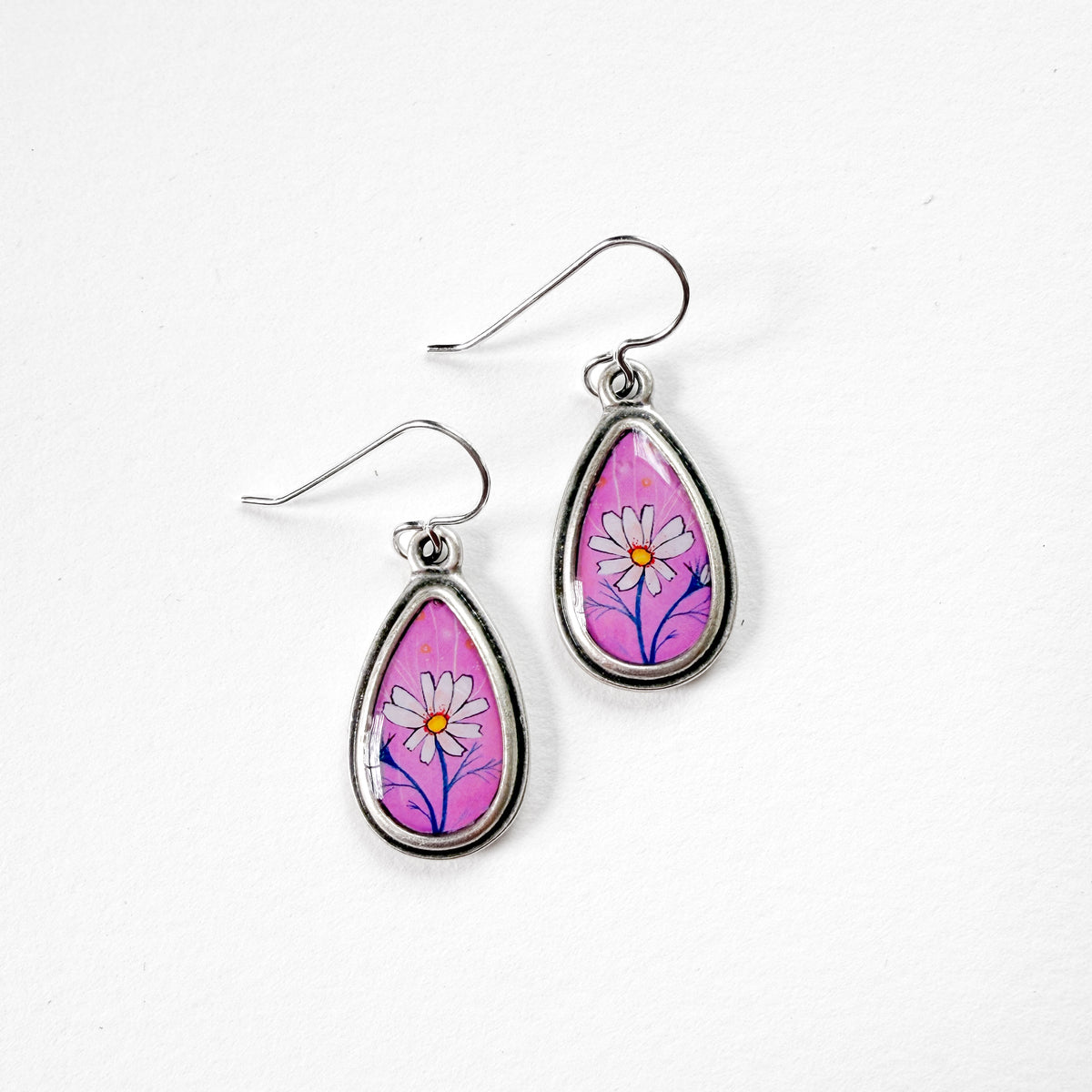 Pink Daisy Small Teardrop Earrings