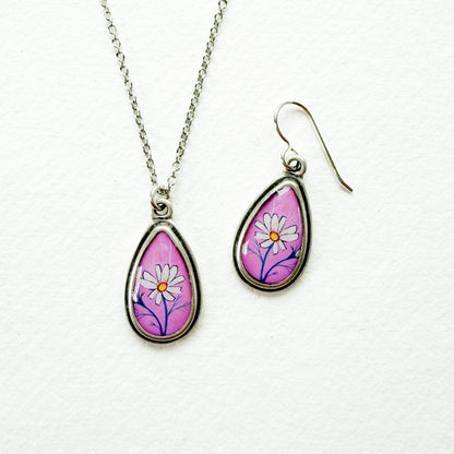 Pink Daisy Small Teardrop Silver Necklace