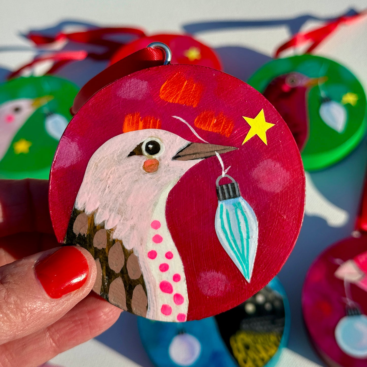 Ornament: Hand-Painted, Mixed Media - Pink Headed Brown Bird
