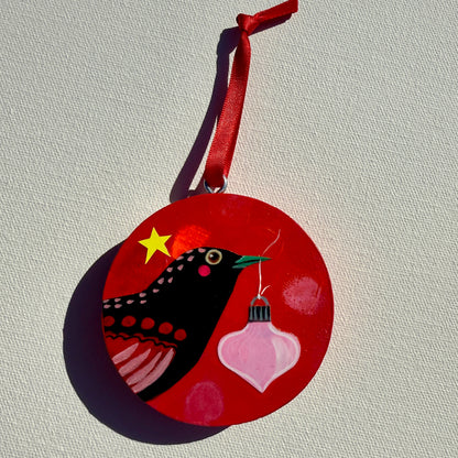 Ornament: Hand-Painted, Mixed Media - Red Spotty Black Bird