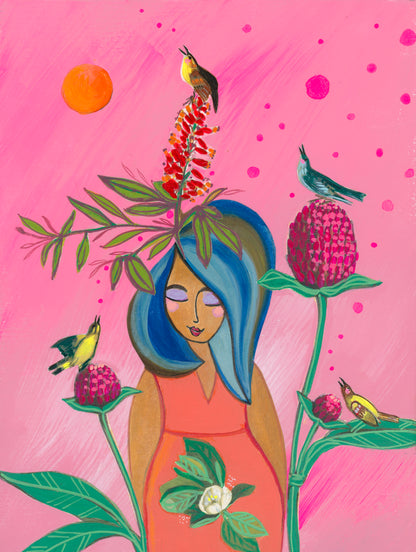 She Listens to the Song in Her Heart- 6x8 Mixed Media Original Painting