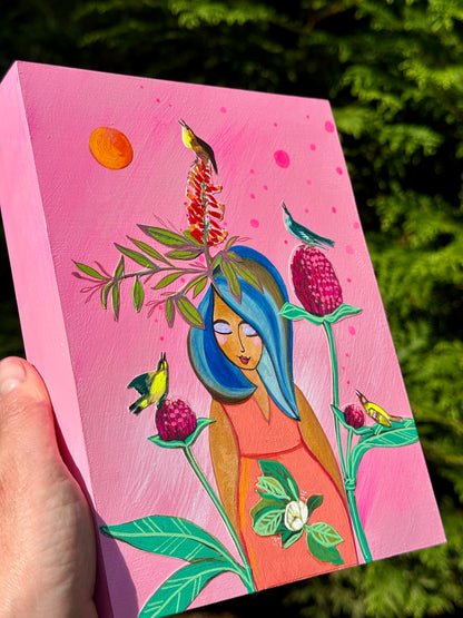 She Listens to the Song in Her Heart- 6x8 Mixed Media Original Painting