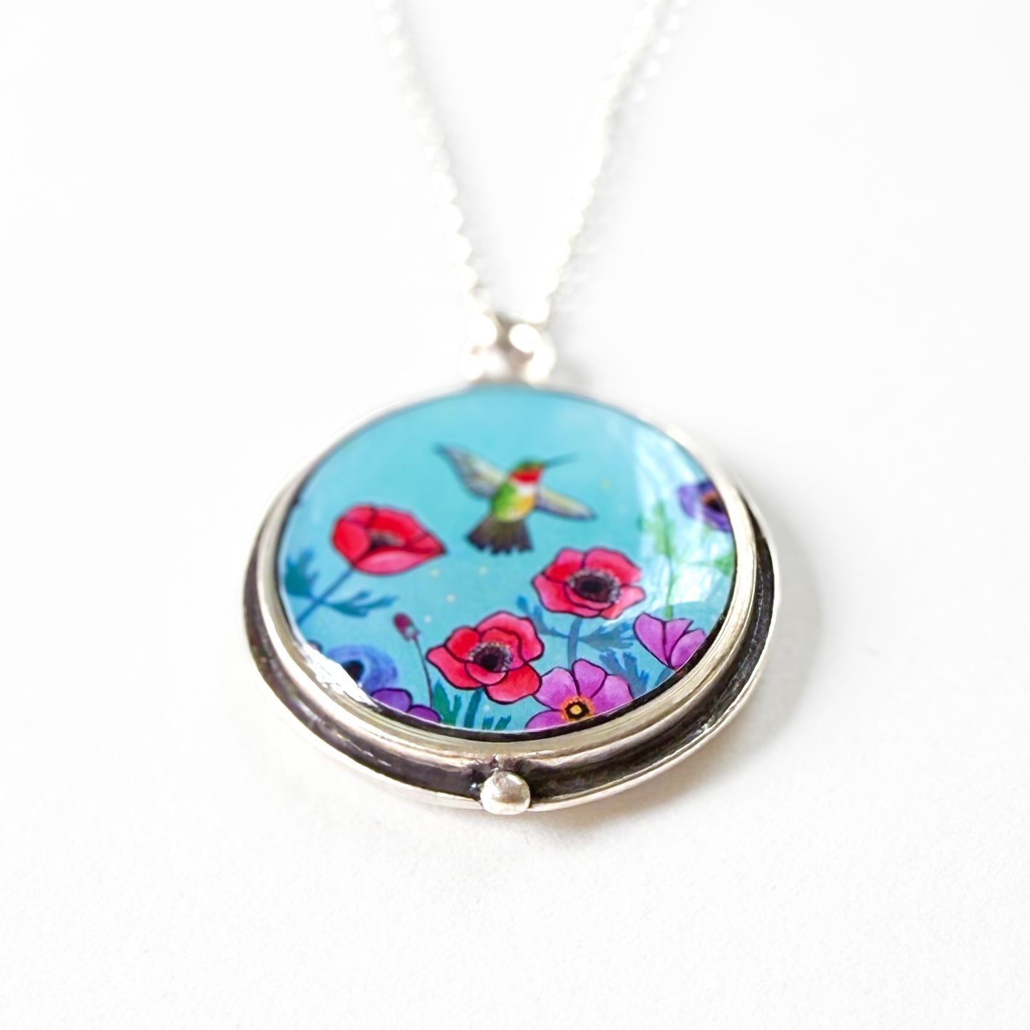 Blue Hummingbird Round Silver Necklace