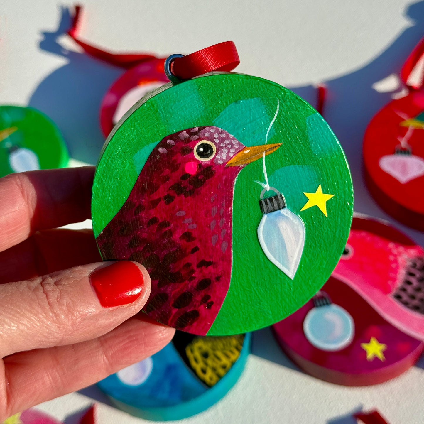 Ornament: Hand-Painted, Mixed Media - Spotty Rose Birdie