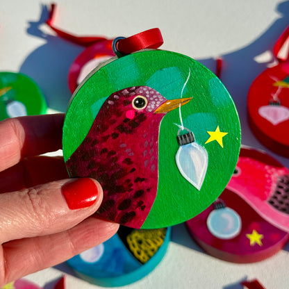Ornament: Hand-Painted, Mixed Media - Spotty Rose Birdie
