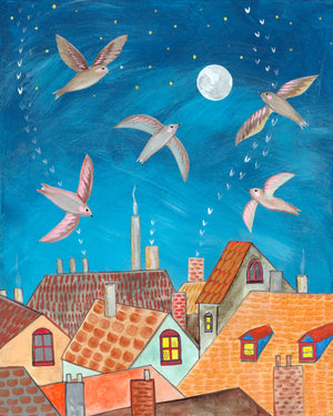 Flying by the Moonlit Sky (8x10) Mixed Media Painting