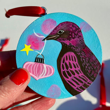 Ornament: Hand-Painted, Mixed Media - Violet Spotty Black Bird