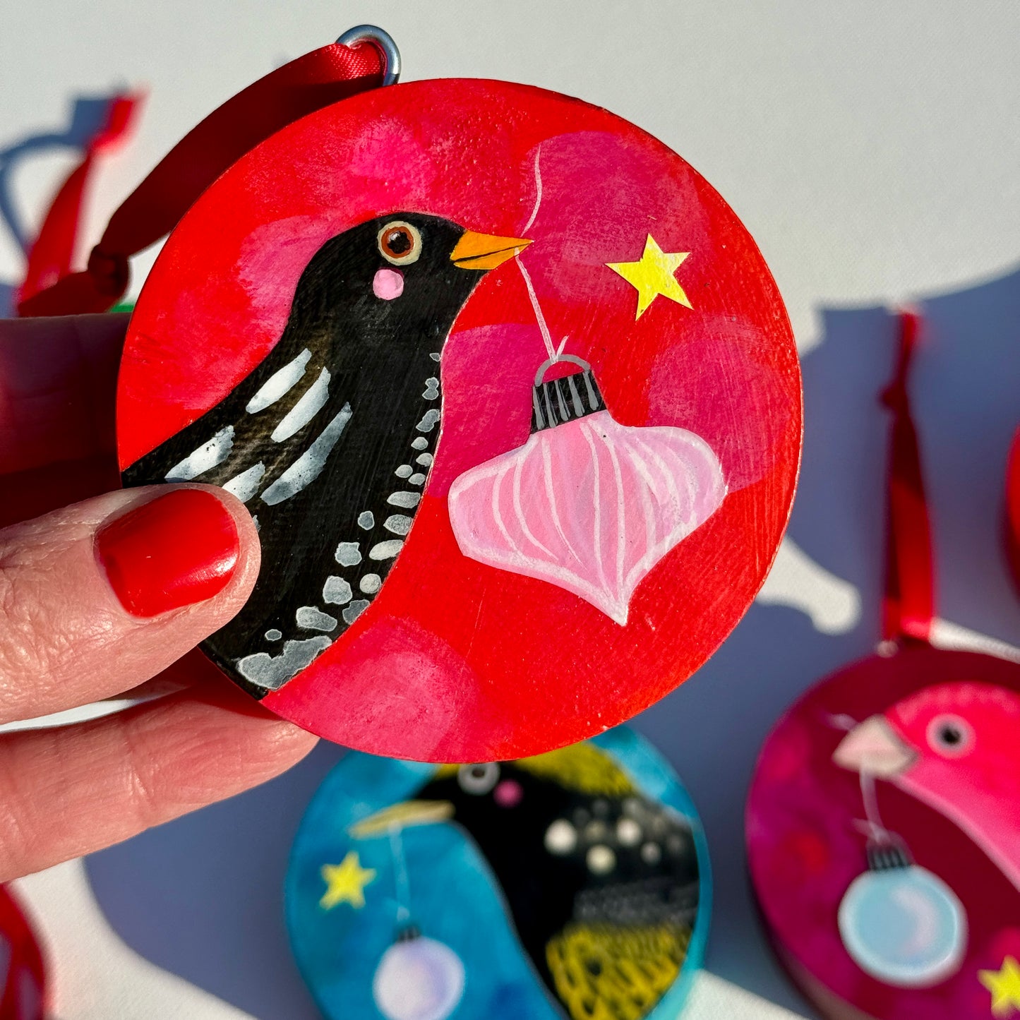 Ornament: Hand-Painted, Mixed Media - White Spotty Black Bird