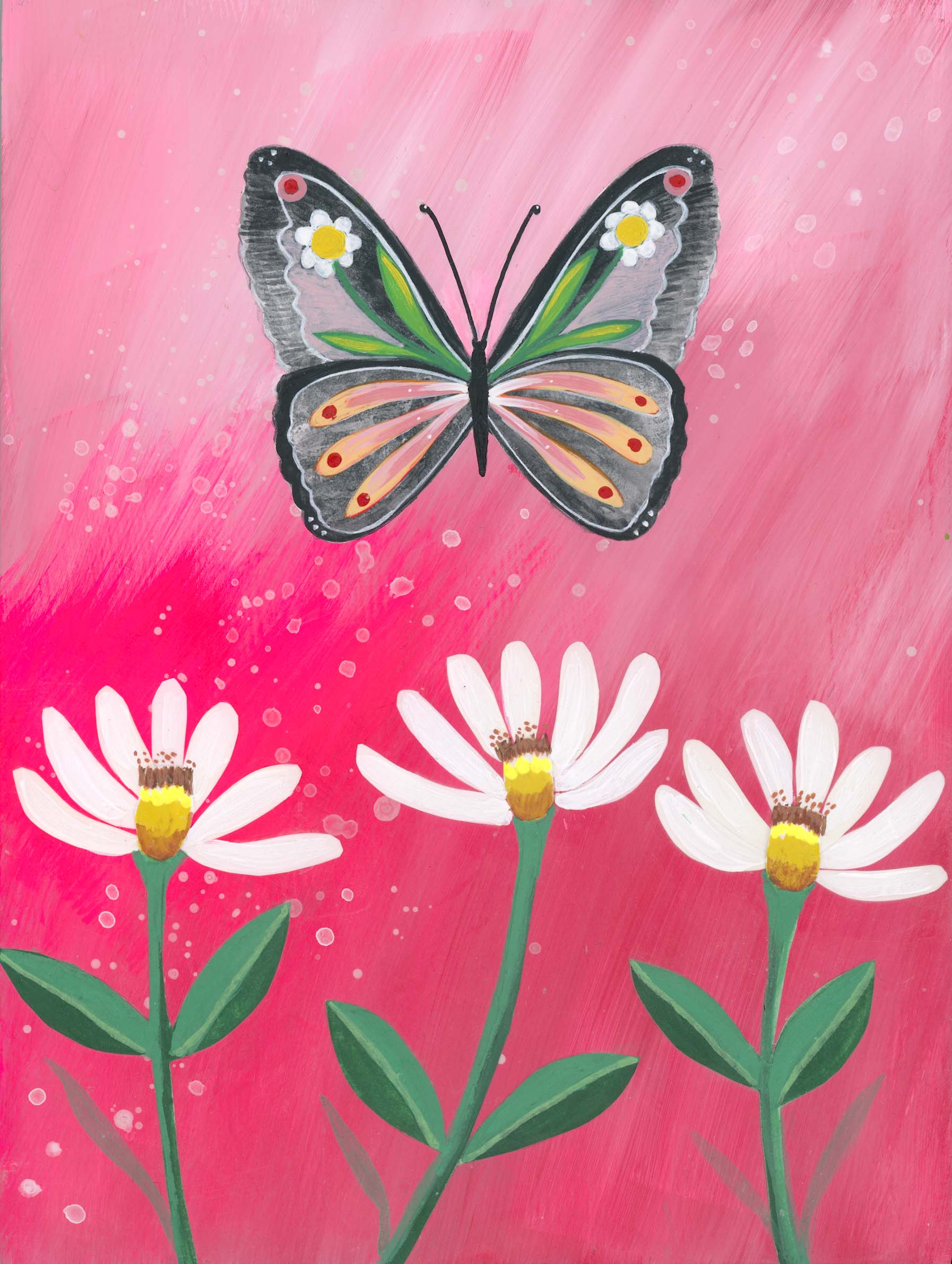 Butterfly Garden Pink Sky (6x8) Original Mixed Media Painting