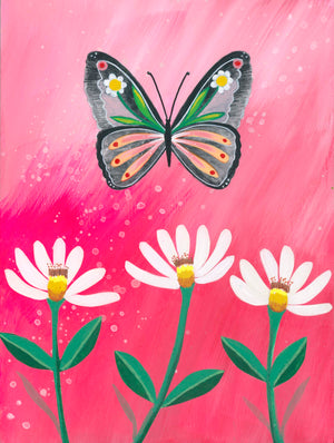 Butterfly Garden Pink Sky (6x8) Original Mixed Media Painting