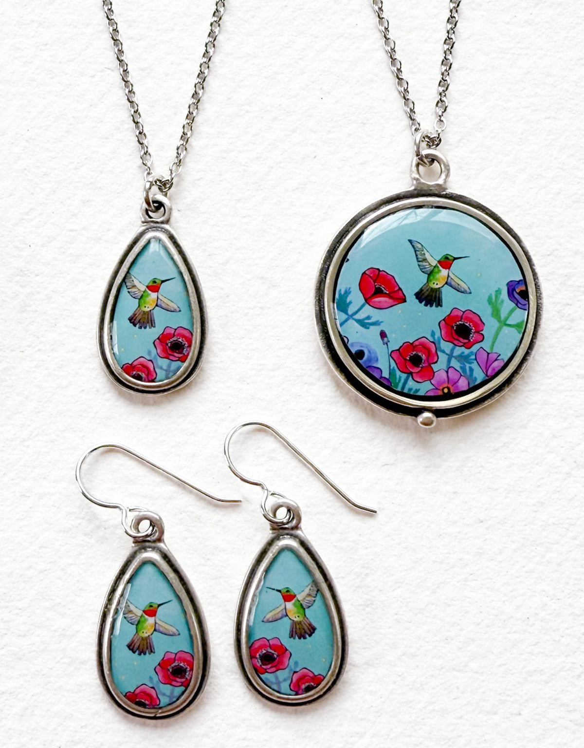 Blue Hummingbird Small Silver Teardrop Necklace