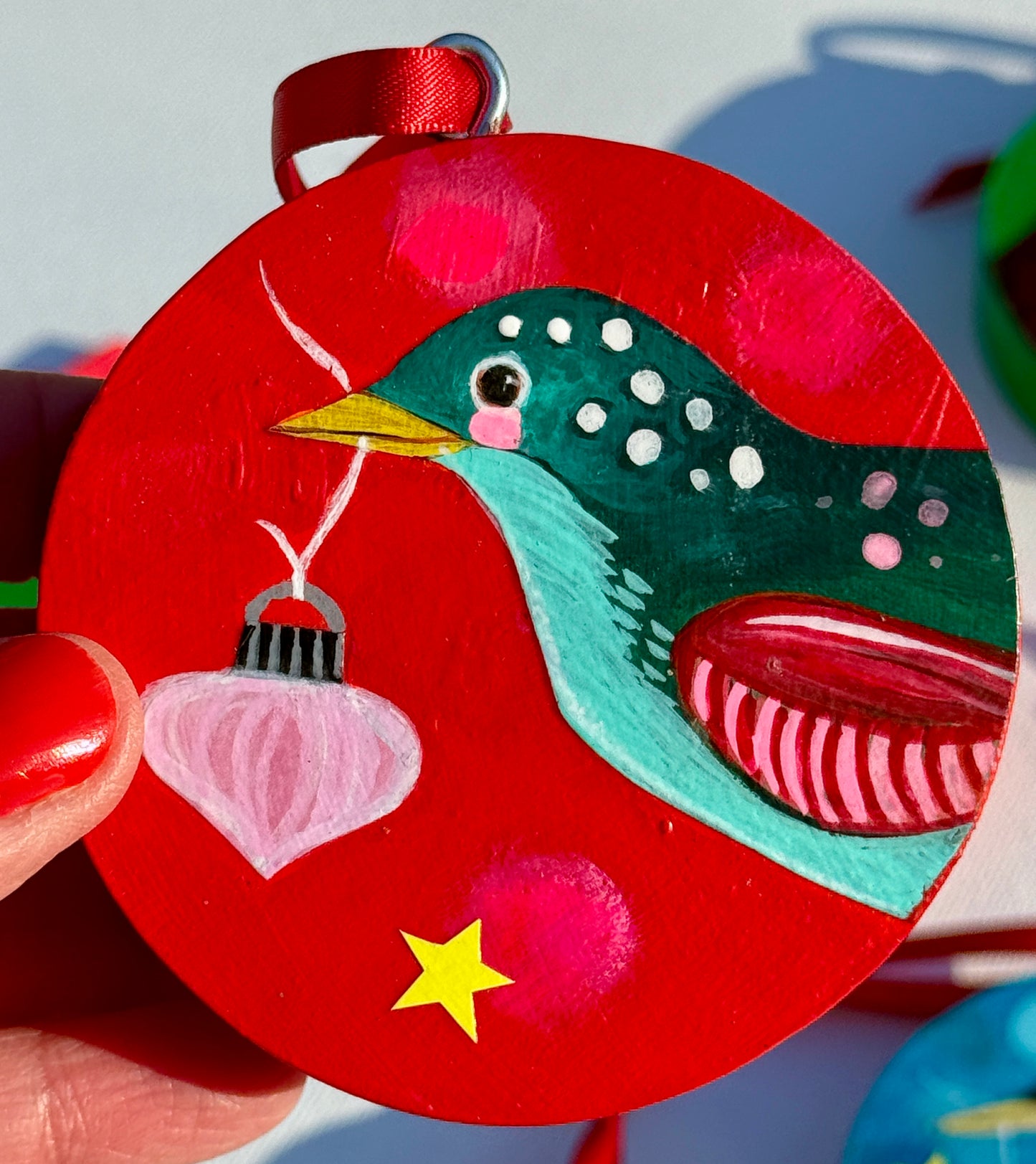 Ornament: Hand-Painted, Mixed Media - Multicolored Spotty Bird