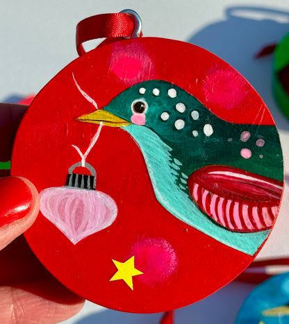 Ornament: Hand-Painted, Mixed Media - Multicolored Spotty Bird