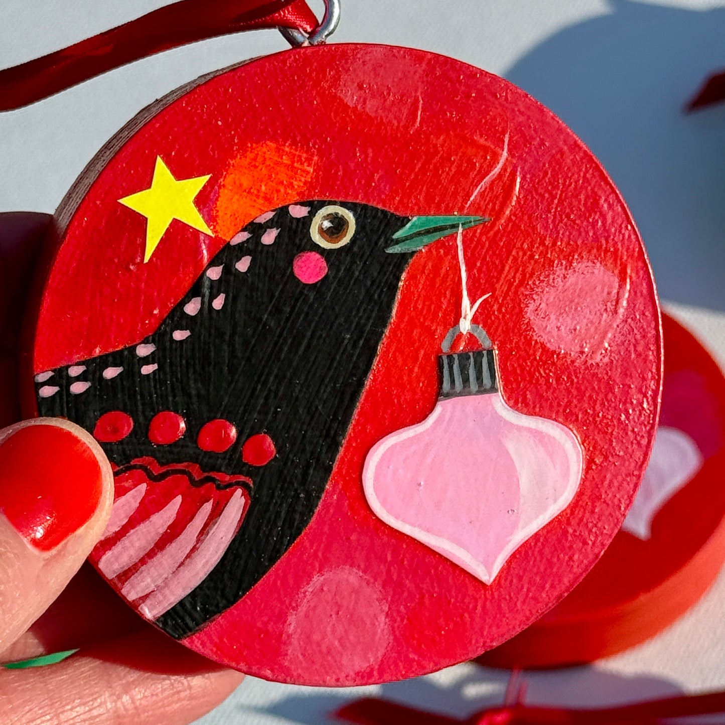 Ornament: Hand-Painted, Mixed Media - Red Spotty Black Bird