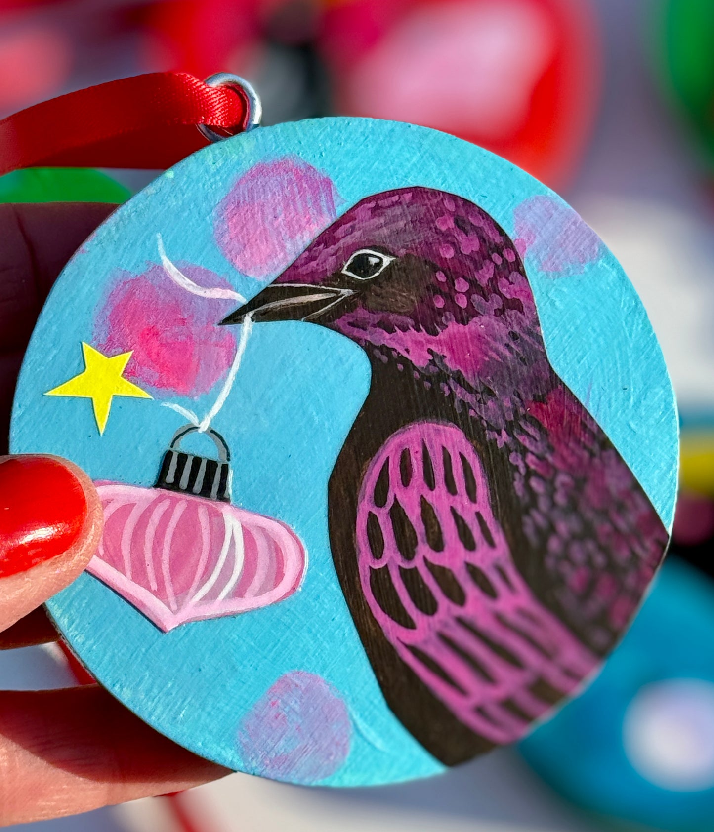 Ornament: Hand-Painted, Mixed Media - Violet Spotty Black Bird