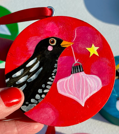 Ornament: Hand-Painted, Mixed Media - White Spotty Black Bird