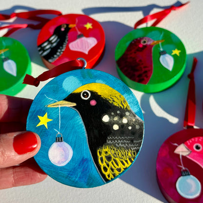 Ornament: Hand-Painted, Mixed Media - Yellow Crowned Black Bird