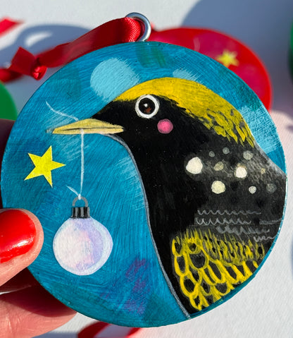 Ornament: Hand-Painted, Mixed Media - Yellow Crowned Black Bird