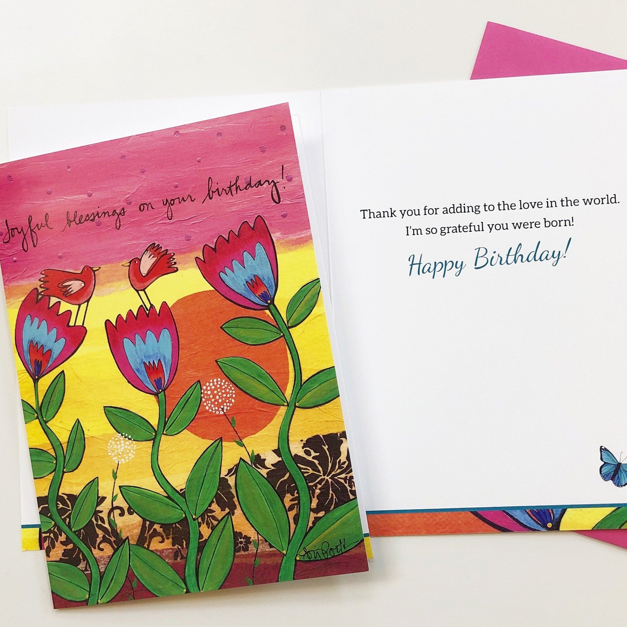 Birthday Card - Birthday Blessings - flowers and birds